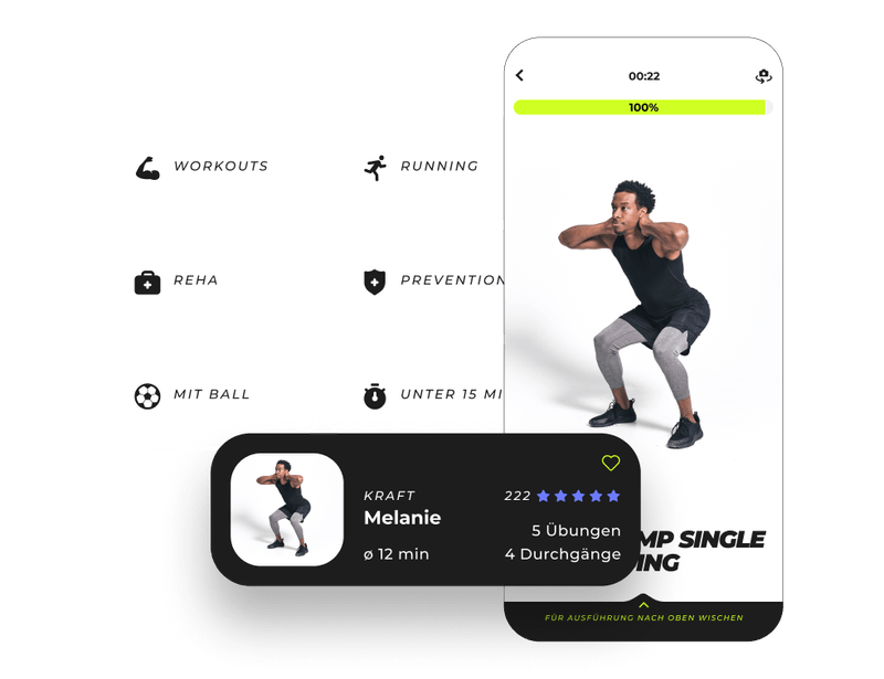 B42 Features: Screen mit Workout Video und Workout Kategorien Fitness, Running, Reha, Prävention, Mit Ball, Unter 15 Minuten.
